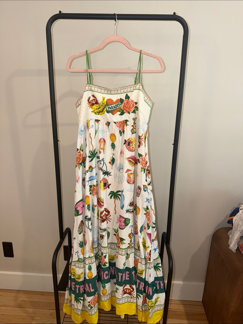 Rachel Zoe White Tropical Maxi Dress with Green Straps and Yellow Hem